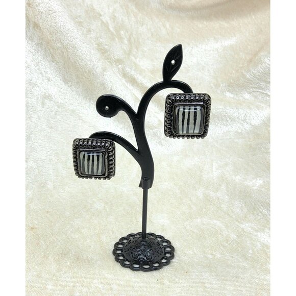 Vintage Square Zebra Print Dark Antiqued Finish Clip on Earrings . 75" - Picture 1 of 4
